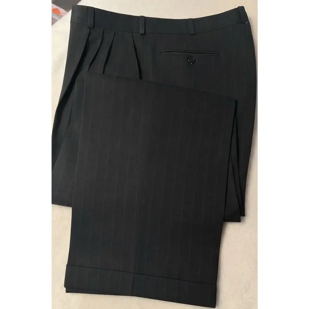 Kasper Mens 44L 35x29 Black Banker's Stripe Suit Virgin Wool 3/2 Roll